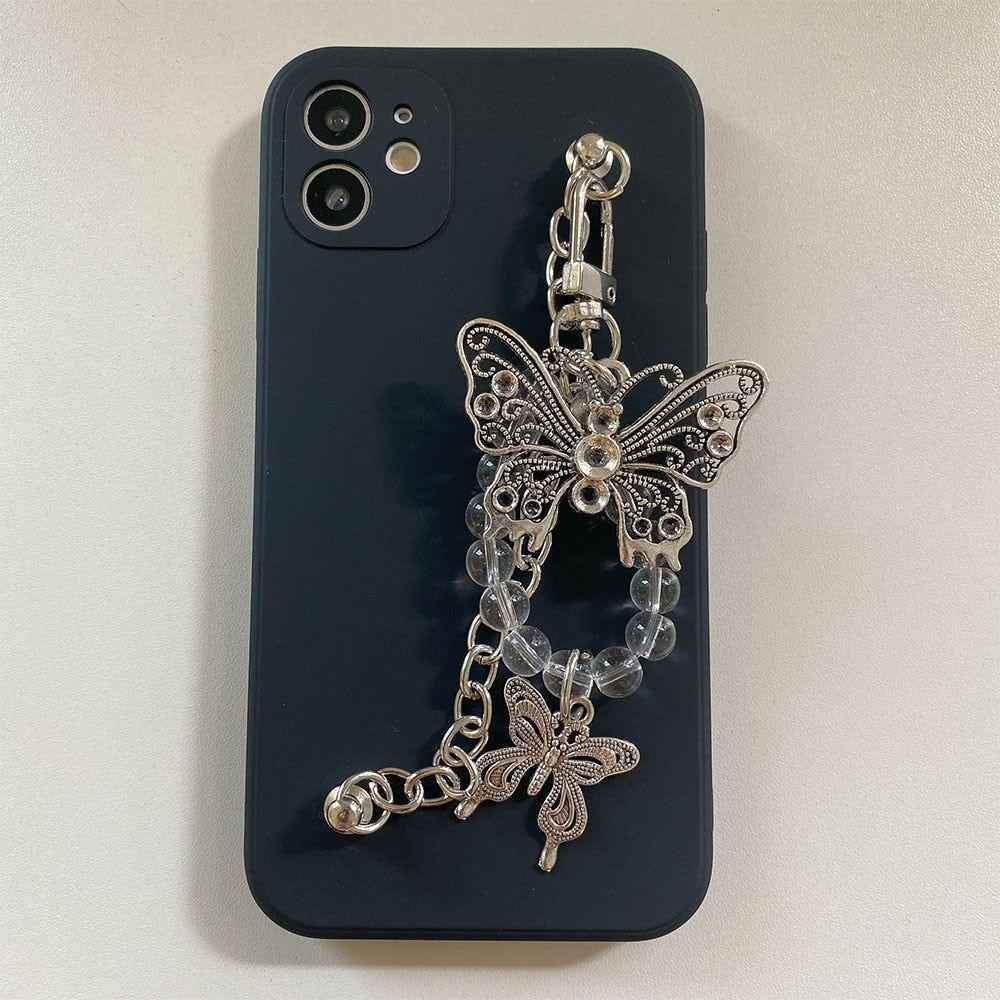 Cute Phone Cases For iPhone 14 13 11 12 Pro Max X XR XS Max 7 8 Plus Luxury Butterfly Chain Bumper Silicone Black Back Cover - Touchy Style .