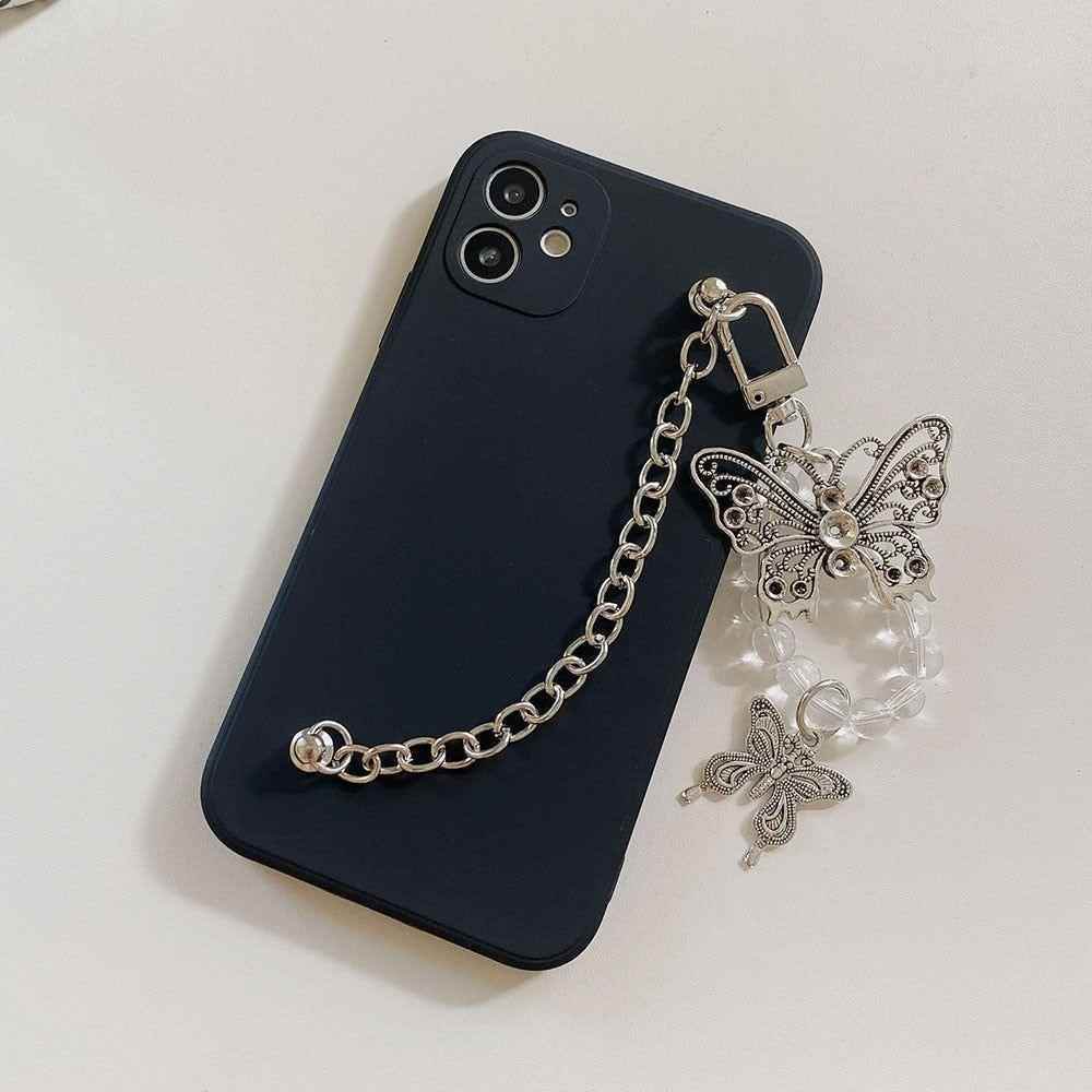 Cute Phone Cases For iPhone 14 13 11 12 Pro Max X XR XS Max 7 8 Plus Luxury Butterfly Chain Bumper Silicone Black Back Cover - Touchy Style