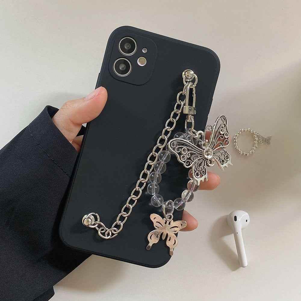 Cute Phone Cases For iPhone 14 13 11 12 Pro Max X XR XS Max 7 8 Plus Luxury  Butterfly Chain Bumper Silicone Black Back Cover