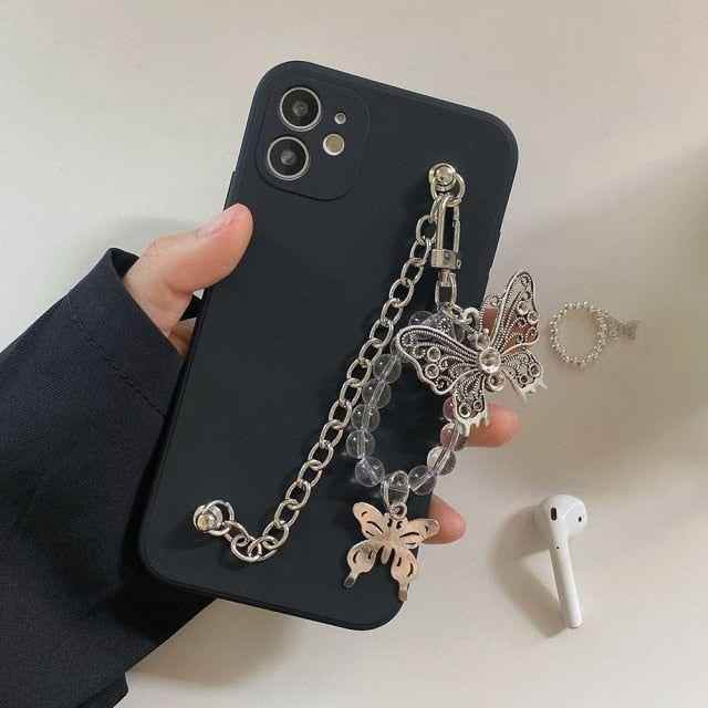 Cute Phone Cases For iPhone 14 13 11 12 Pro Max X XR XS Max 7 8 Plus Luxury Butterfly Chain Bumper Silicone Black Back Cover - Touchy Style .