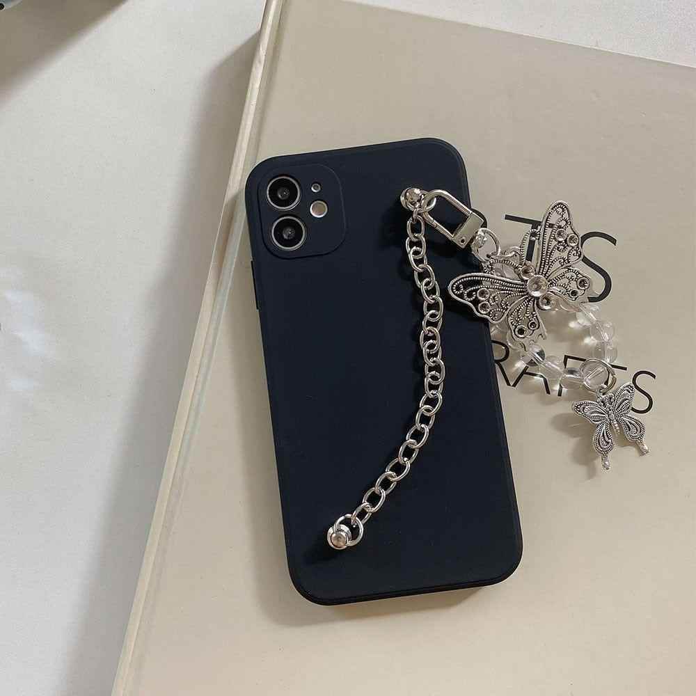 Cute Phone Cases For iPhone 14 13 11 12 Pro Max X XR XS Max 7 8 Plus Luxury Butterfly Chain Bumper Silicone Black Back Cover - Touchy Style