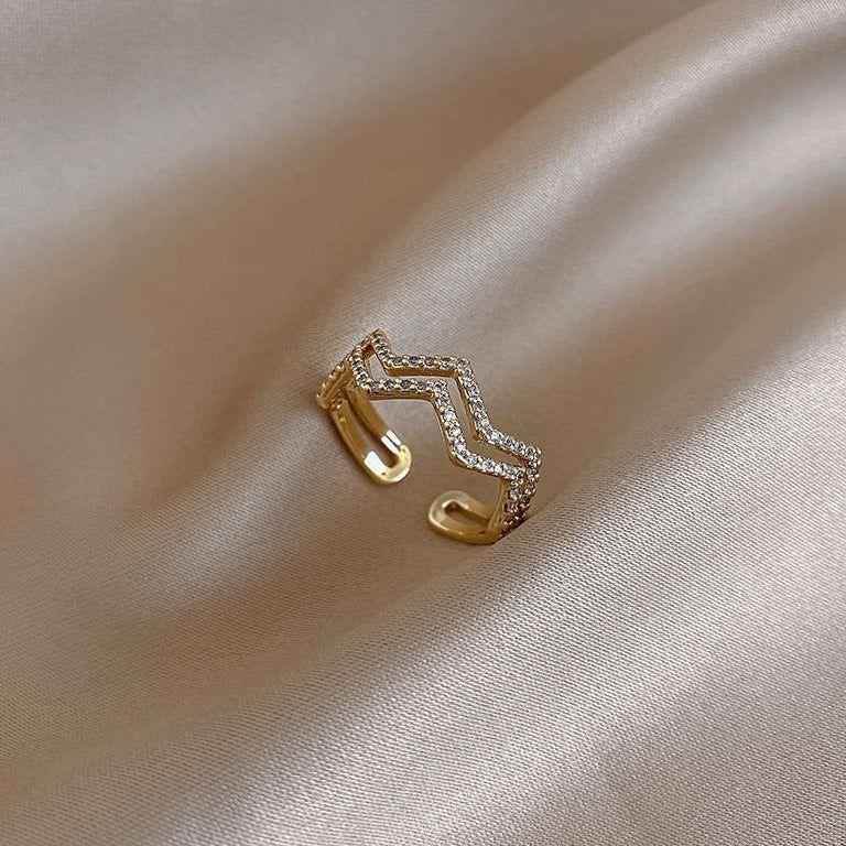 Double Waves Shape Crystal Golden Open Finger Rings Charm Jewelry XYS0151 - Touchy Style