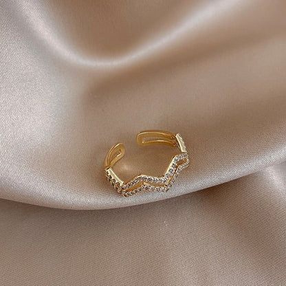 Double Waves Shape Crystal Golden Open Finger Rings Charm Jewelry XYS0151 - Touchy Style .