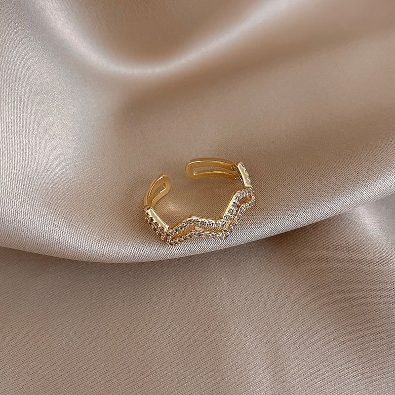 Double Waves Shape Crystal Golden Open Finger Rings Charm Jewelry XYS0151 - Touchy Style .