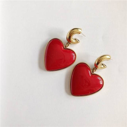 Earrings Charm Jewelry Vintage Big Metal Red Heart 