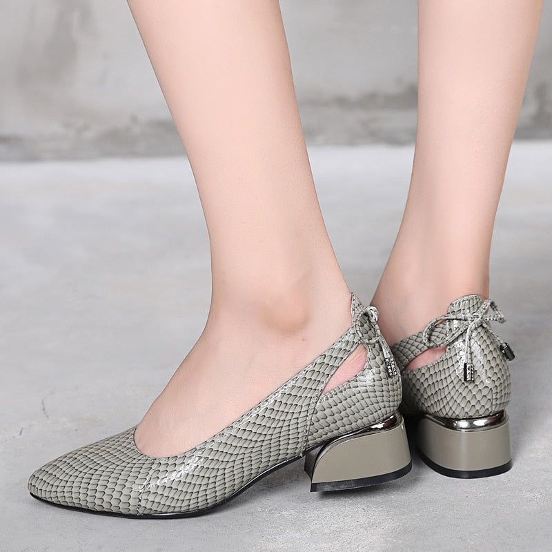 Fashion Leather Pumps Thick Low Heel Women&