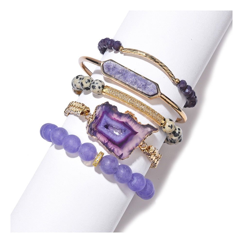 Fashion Natural Stone Bracelets Charm Jewelry Set BCJSH50 Boho Quartz Druzy Crystal Open Cuff - Touchy Style .