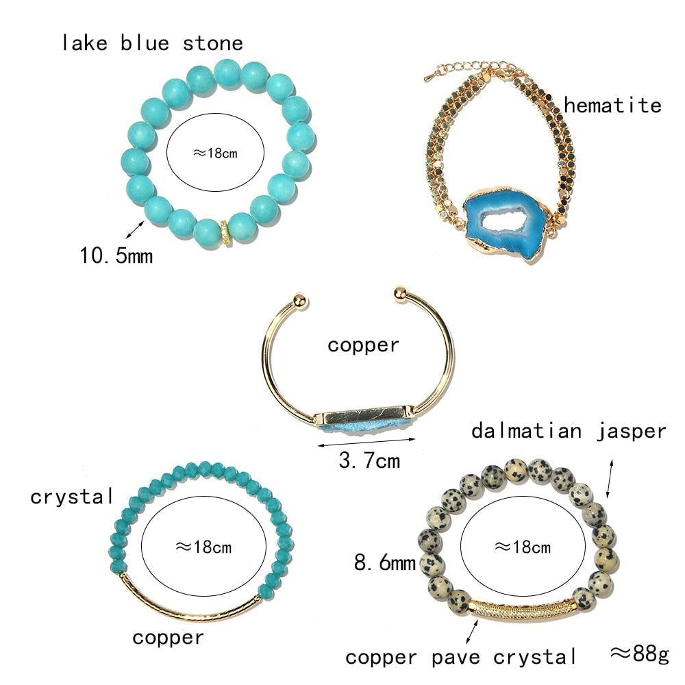 Fashion Natural Stone Bracelets Charm Jewelry Set BCJSH50 Boho Quartz Druzy Crystal Open Cuff - Touchy Style .