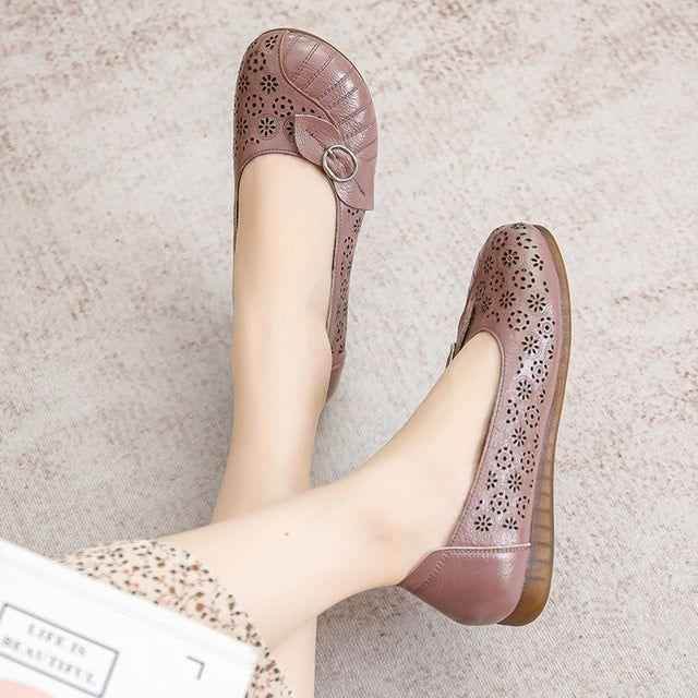 Flat Leather Hollow Loafers Women&