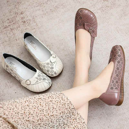 Flat Leather Hollow Loafers Women&