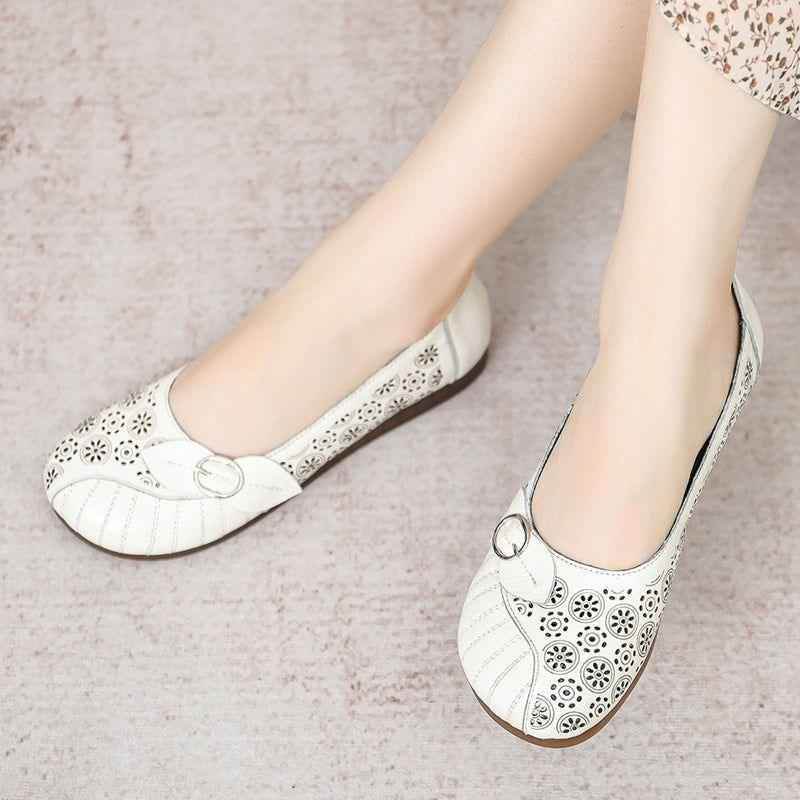 Flat Leather Hollow Loafers Women&