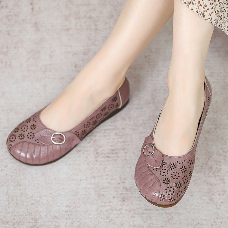 Flat Leather Hollow Loafers Women&