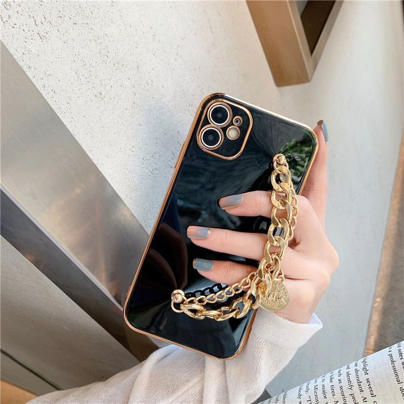 For iPhone 14 13 11 12 Pro Max Cases Luxury Metal Chain Wristband Plating  Cute Phone Case For iPhone XR XS Max 7 8 Plus X Back Cover