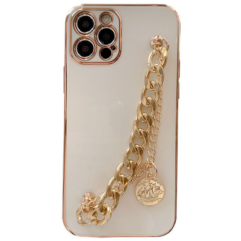 For iPhone 14 13 11 12 Pro Max Cases Luxury Metal Chain Wristband Plating Cute Phone Case For iPhone XR XS Max 7 8 Plus X Back Cover - Touchy Style .