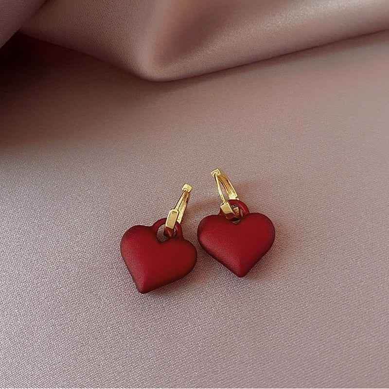 Frosted Matte Red Heart Drop Earrings Charm Jewelry ECJOS08 - Touchy Style