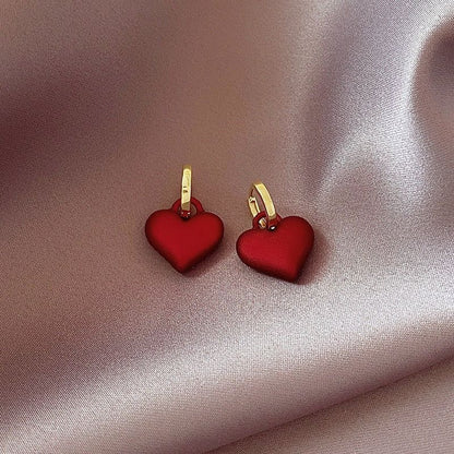 Frosted Matte Red Heart Drop Earrings Charm Jewelry ECJOS08 - Touchy Style .