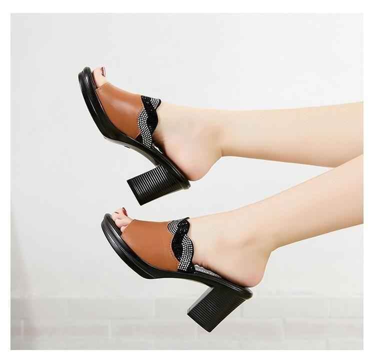 Genuine Leather High Heels Rhinestone Women&