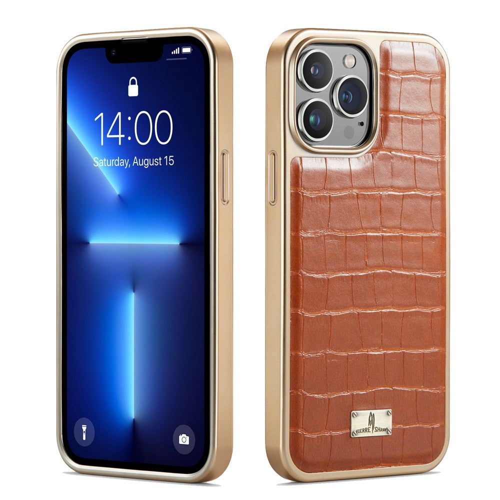 Genuine Leather Plating Bumper Shockproof Soft Back Cover Shell Case for iPhone 14, 13, 12 Pro Max, Plus - Touchy Style .