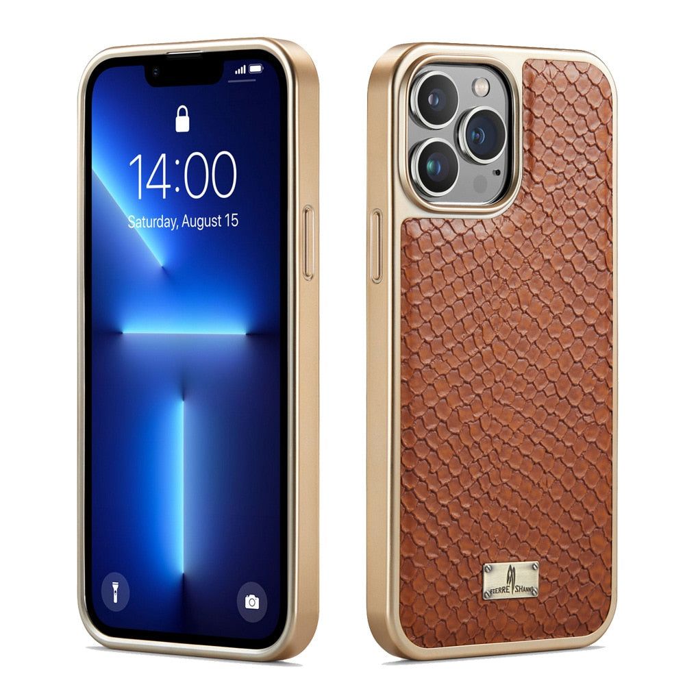 Genuine Leather Plating Bumper Shockproof Soft Back Cover Shell Case for iPhone 14, 13, 12 Pro Max, Plus - Touchy Style .