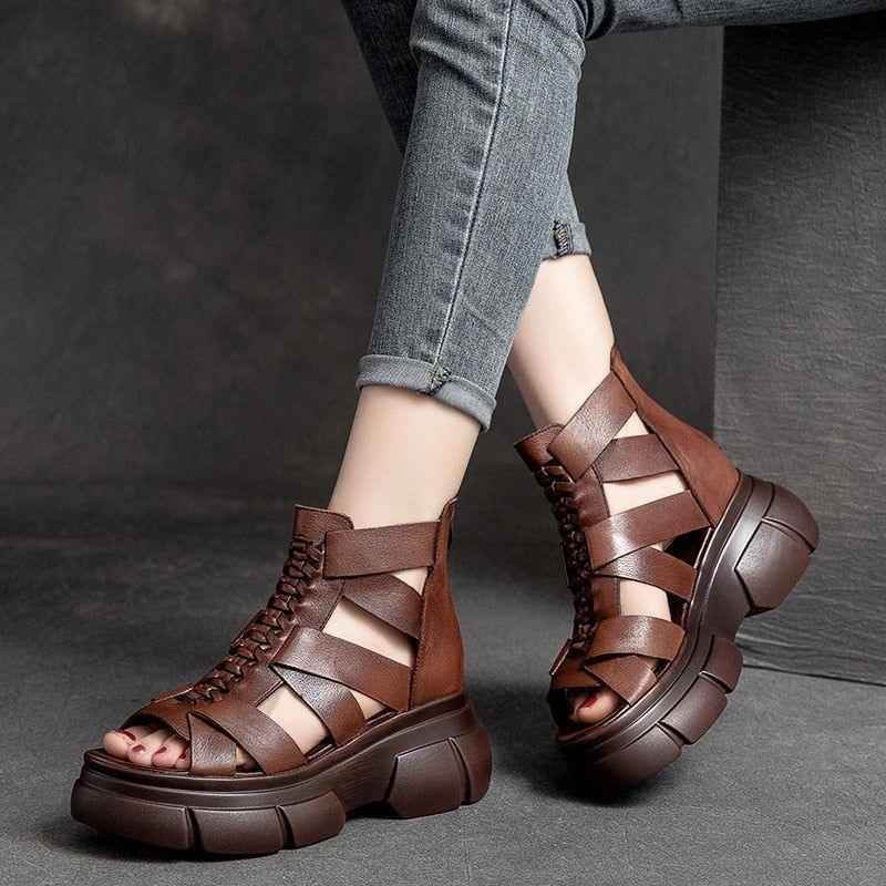 Genuine Leather Women Casual Shoes EM716 Retro Wedges Handmade Weave Sandals - Touchy Style