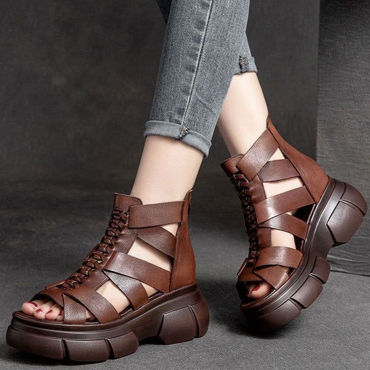 Genuine Leather Women Casual Shoes EM716 Retro Wedges Handmade Weave Sandals - Touchy Style .