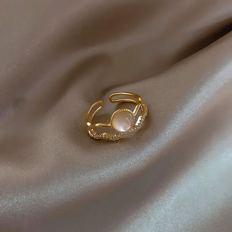 Golden Opening Finger Rings Charm Jewelry RCJTXY32 Luxurious French Double Wave Opal - Touchy Style .