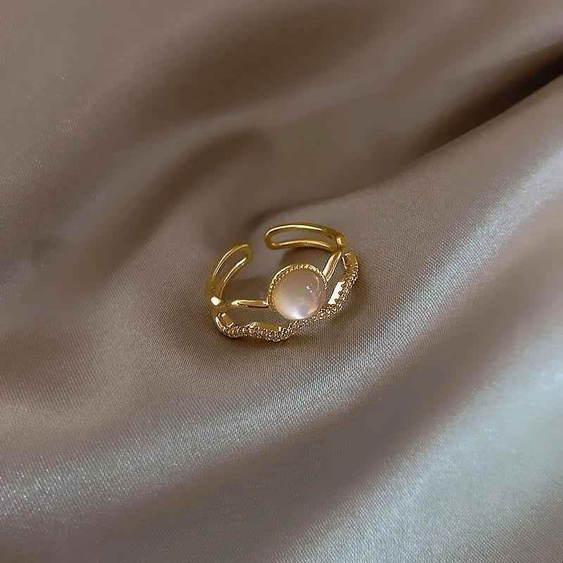 Golden Opening Finger Rings Charm Jewelry RCJTXY32 Luxurious French Double Wave Opal - Touchy Style