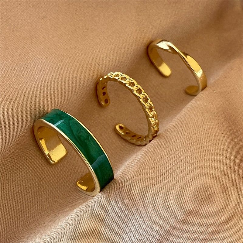 Gothic Metallic Green Oil Three Pieces Open Finger Rings Charm Jewelry Set XYS0139 - Touchy Style .