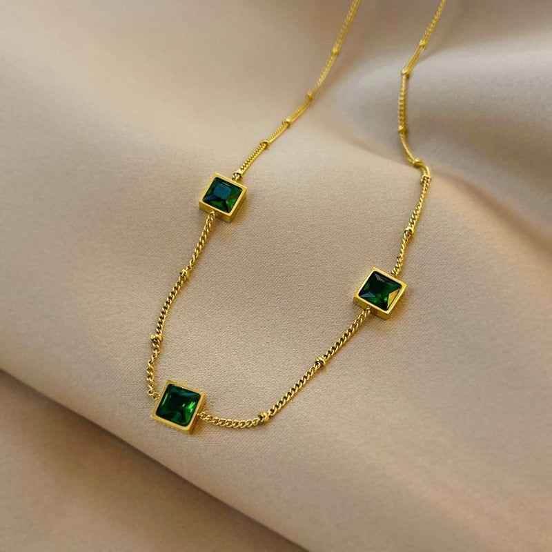 Green Zircon Necklace Stainless Steel Charm Jewelry NCJT36 - Touchy Style .