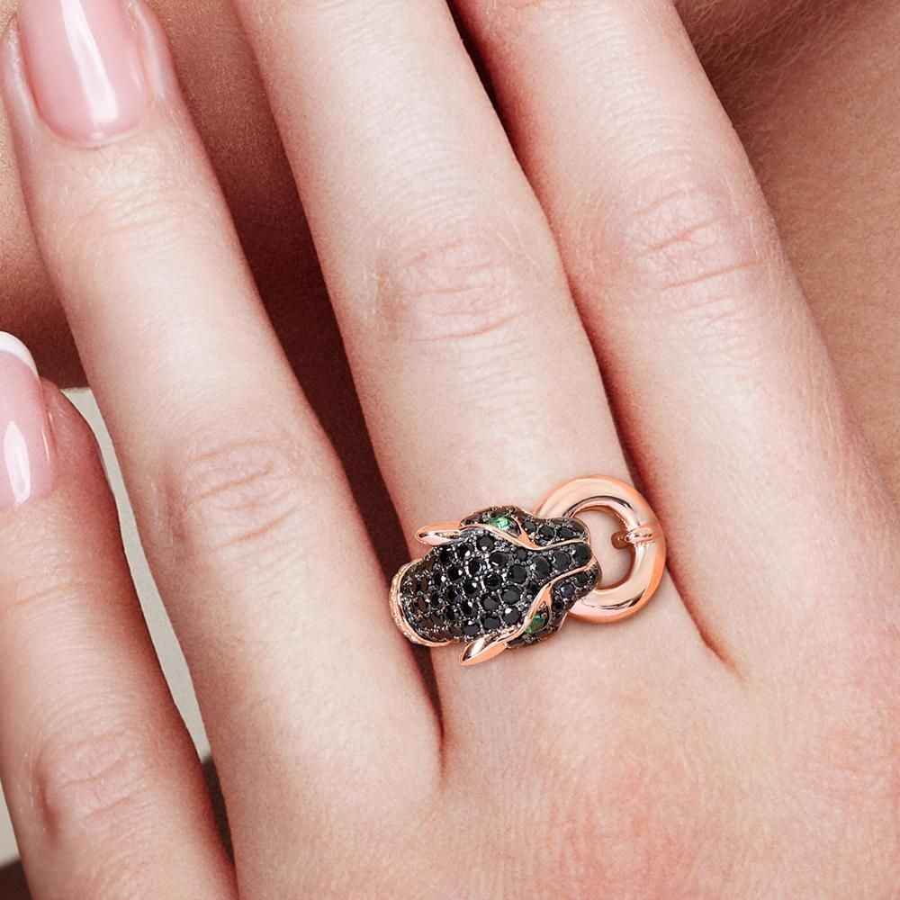 GZ219 - 925 Sterling Silver Leopard Panther Finger Ring Charm Jewelry with Black Green Spinel - Touchy Style