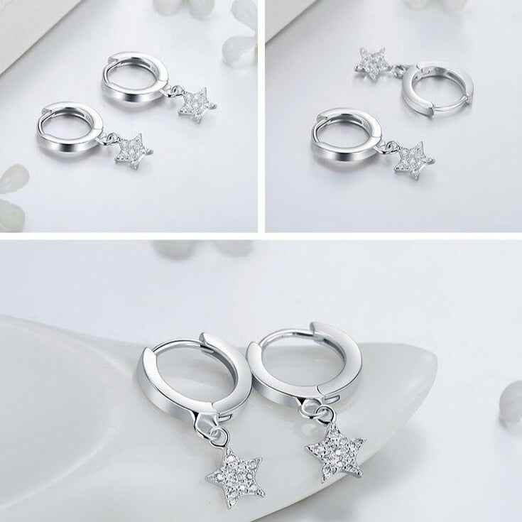 GZ243 - Solid 925 Sterling Silver Hearts Stars Dangle Earrings - Charm Jewelry - Touchy Style .