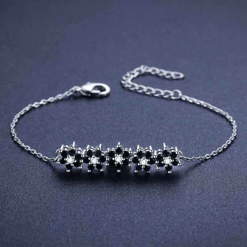 GZ314 - Silver Color Bracelet with Black Flowers - Charm Jewelry - Touchy Style .