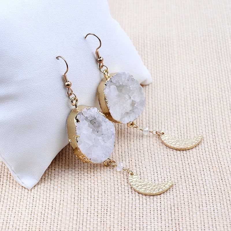 Half Moon Natural White Stone Big Long Earrings Charm Jewelry BS0214 - Touchy Style .