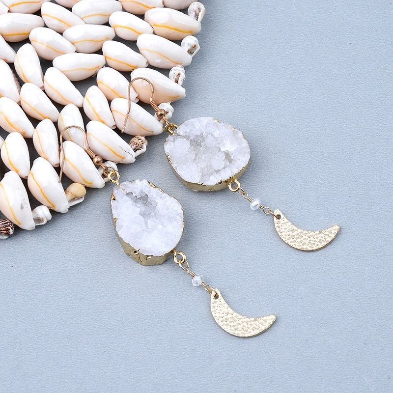 Half Moon Natural White Stone Big Long Earrings Charm Jewelry BS0214 - Touchy Style .