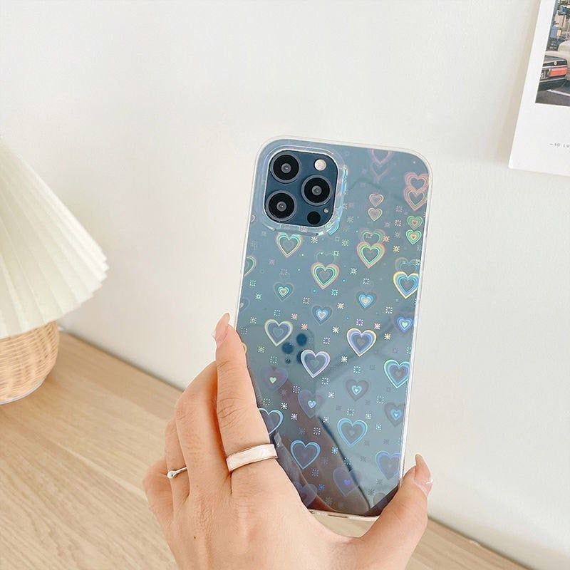 Laser Cute Phone Cases For iPhone 11 13 12 Pro Max X XS XR 7 8 Plus SE 2020 Transparent Heart - Touchy Style .
