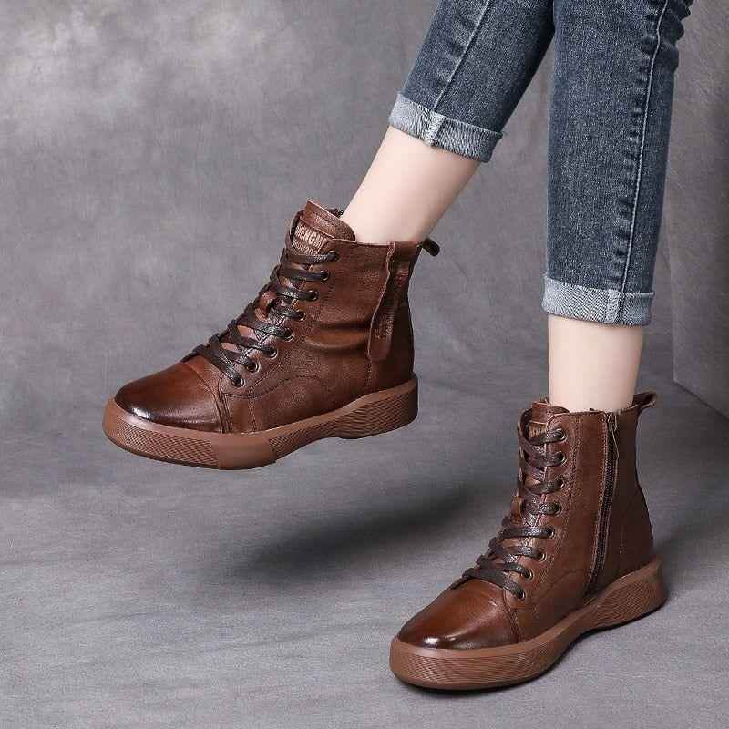 Leather Ankle Boots Lace-Up Handmade Soft Women&