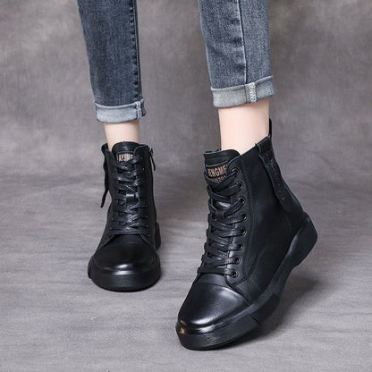 Leather Ankle Boots Lace-Up Handmade Soft Women&
