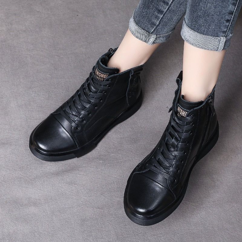 Leather Ankle Boots Lace-Up Handmade Soft Women&