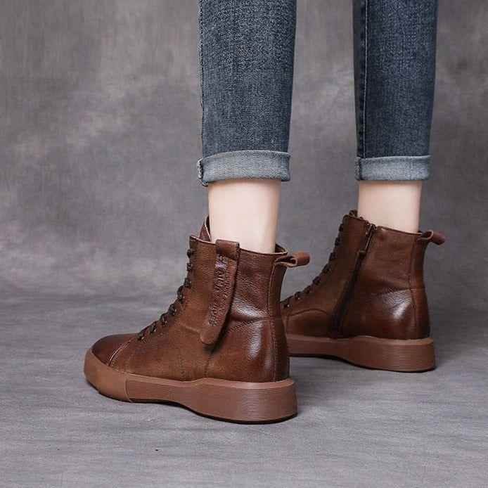 Leather Ankle Boots Lace-Up Handmade Soft Women&