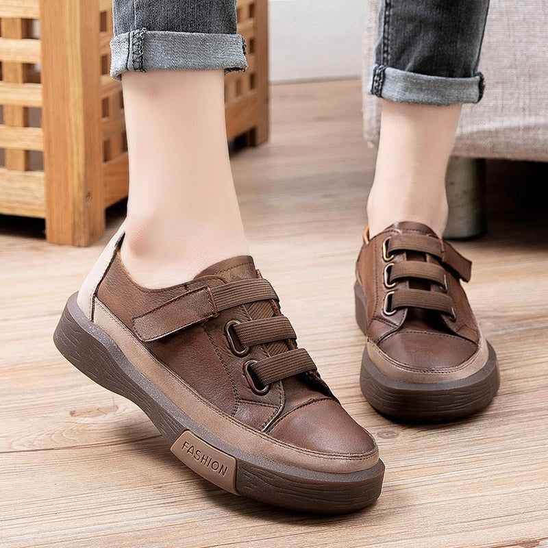 Leather Brown Vulcanized Sneakers Flats Women&