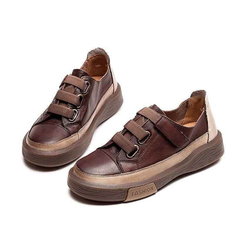 Leather Brown Vulcanized Sneakers Flats Women&