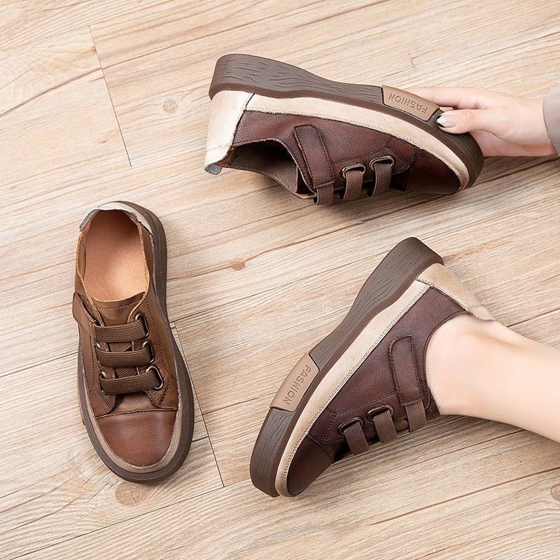 Leather Brown Vulcanized Sneakers Flats Women&