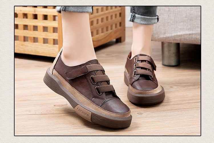 Leather Brown Vulcanized Sneakers Flats Women&