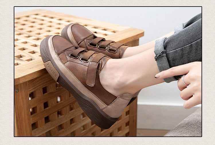 Leather Brown Vulcanized Sneakers Flats Women&