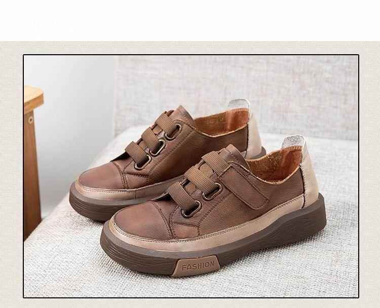 Leather Brown Vulcanized Sneakers Flats Women&