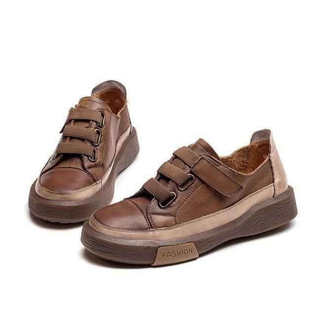 Leather Brown Vulcanized Sneakers Flats Women&