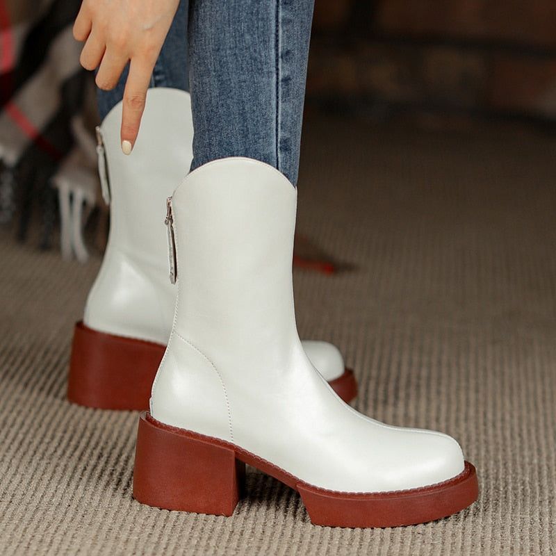 Leather Chelsea Chunky Heels Ankle Boots Platform Women&