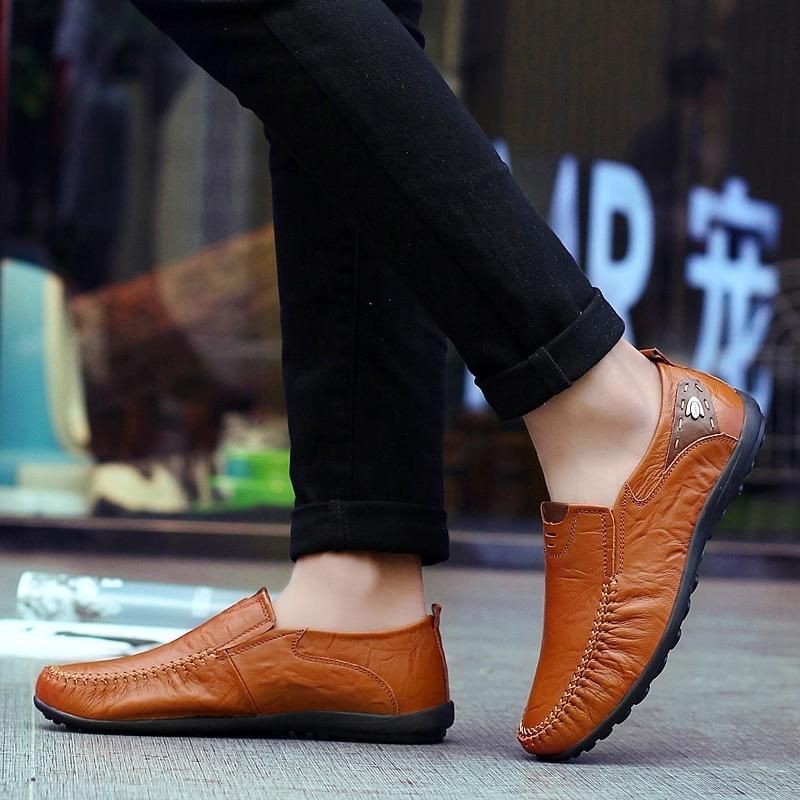 Leather Flat Loafers Brown Men&