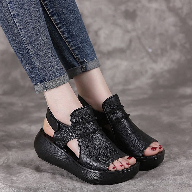 Leather Sandals Women's Casual Shoes WCSGRC21 Thick Bottom Wedges ...