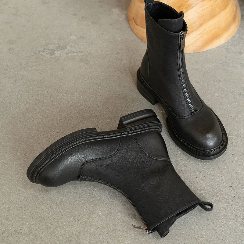 Leather Thick Bottom Ankle Boots Women&